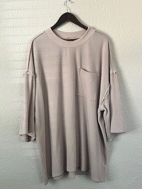 Stylive Taupe Oversized Ribbed Pocket Tunic Top Size L